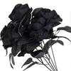 3pcs Black Rose Bouquet For Halloween Decor Set Spooky Mood Artificial Flowers Black Rose Halloween Decor Haunted Houses