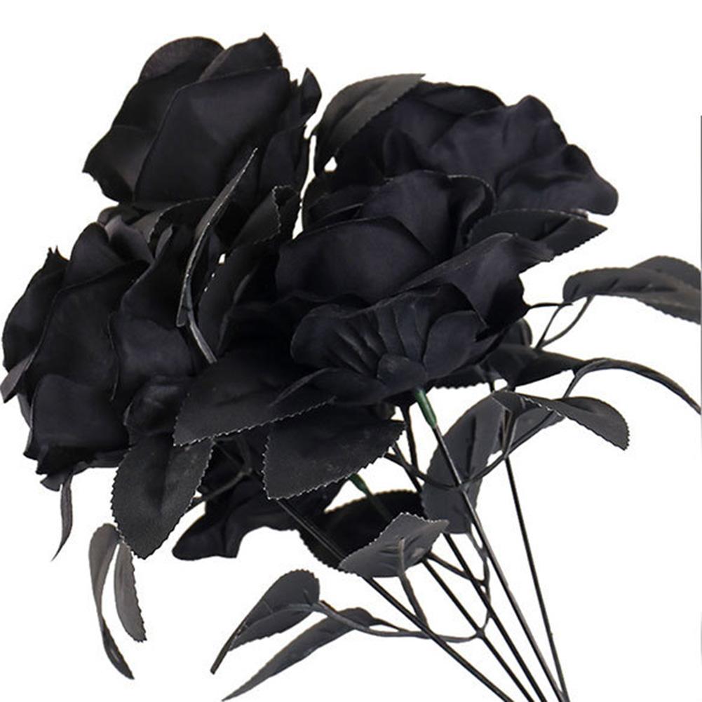 3pcs Black Rose Bouquet For Halloween Decor Set Spooky Mood Artificial Flowers Black Rose Halloween Decor Haunted Houses