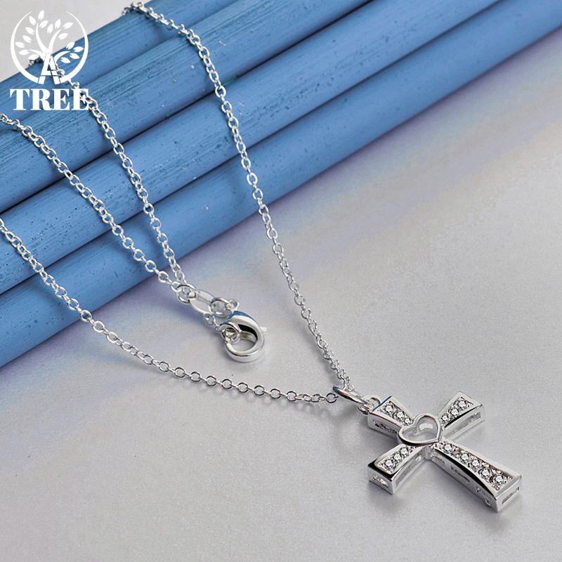 925 Sterling Silver Cross AAA Zircon Heart Necklace Jewelry