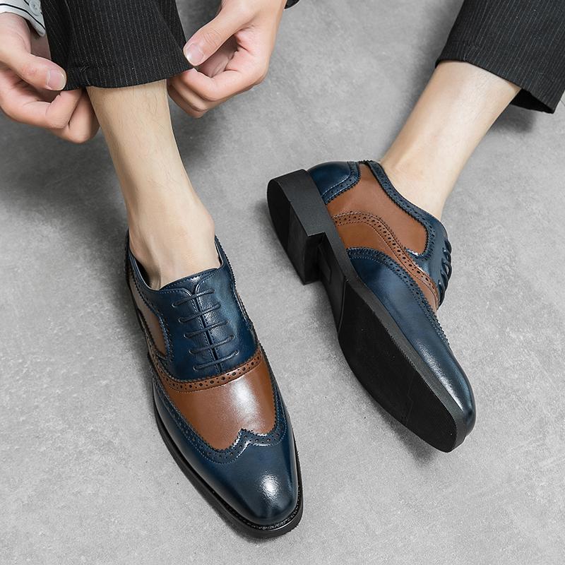 European Station Fashion Block Shoes Men Pointed Lace Up Business Office Dress Shoes Banquet Wedding Shoes Size 38-48 Men Shoes