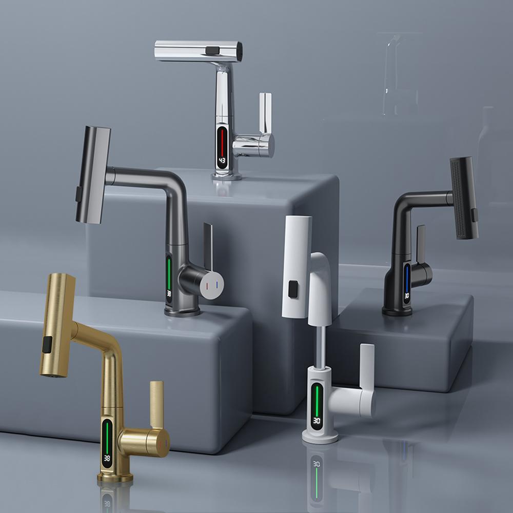 Цифровой дисплей кран матовый золотой кран для раковины горячий и холодный выдвижной смеситель водопад вода 3-ходовой кран для мойки монтируется на бортике