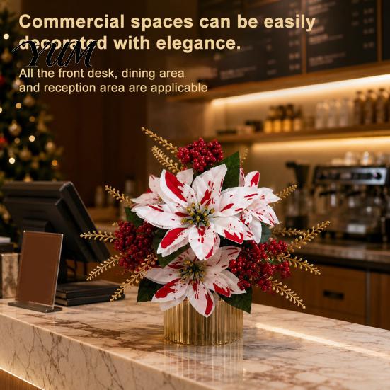 Fake Flowers for Outdoor Artificial Poinsettia Flowers, Christmas Floral Berry Centerpiece, Fade-Resistant Lush Porch Landscaping Red And White Plants