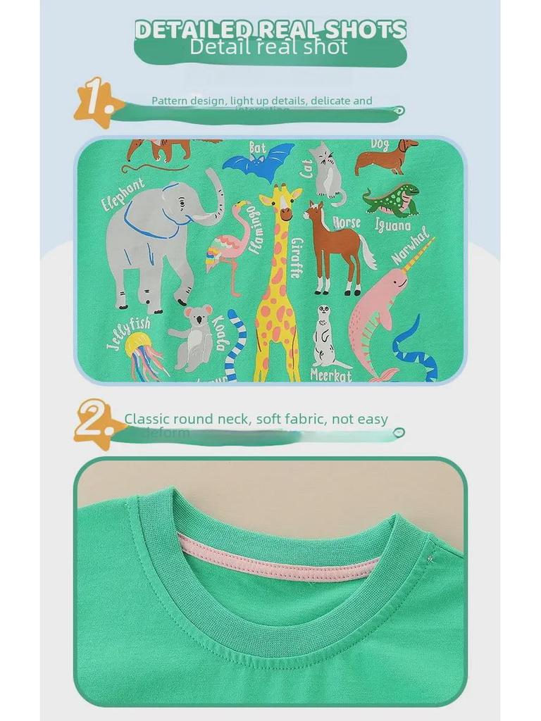 Детские футболки с коротким рукавом и мультяшными животными: Топы с круглым вырезом для маленьких и средних детей, лето 2025 г.