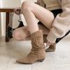 2025 Autumn and Winter New European and American Style Hand-tied Thread Pointed Thick Heel Suede Short Boots Thin Medium Boots