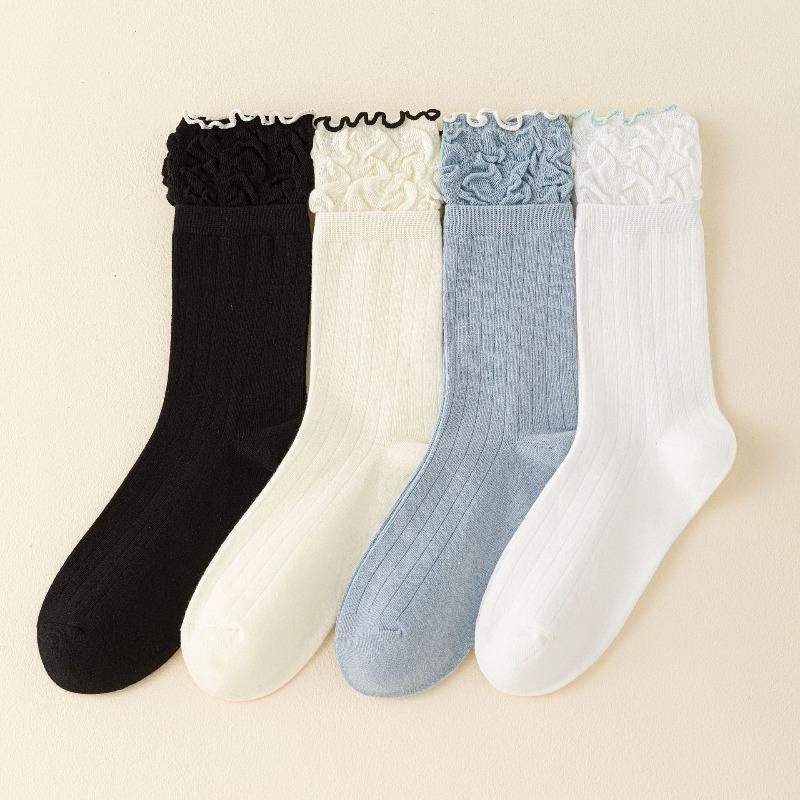 Female Spring and Autumn Solid Color Vertical Bar Hollow Fungus Lace Ballet Wind Drum Pile Socks