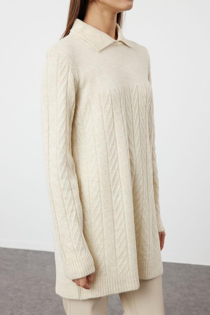 Women's Fashionable Stylish Hijab Sweater Stone Soft Textured Knitwear Zigzag Patterned Sweater