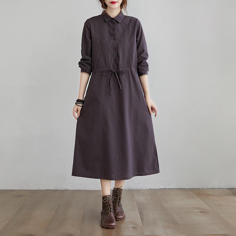 2025 Autumn Korean Style Cotton-Linen Polo Collar Elegant Long Sleeve Shirt Dress