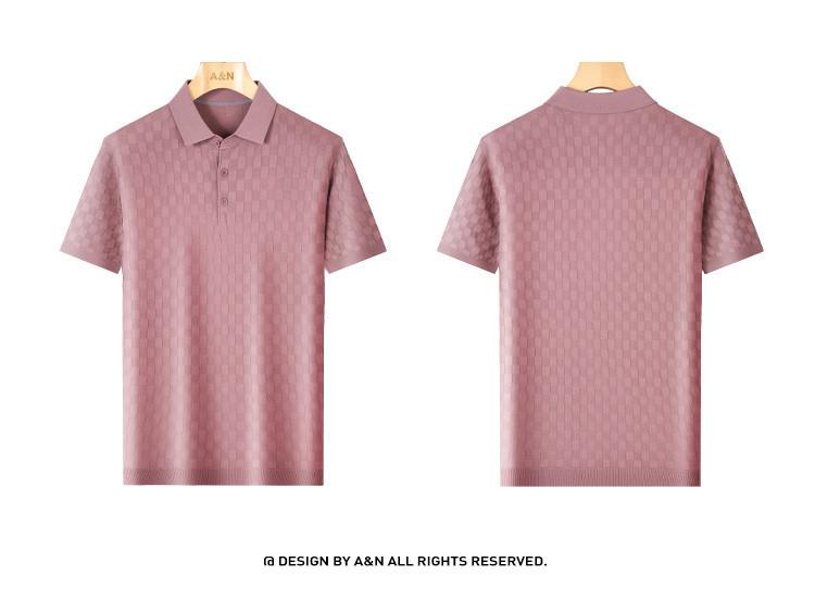 [Tencel Cotton Checkered Jacquard] Autumn and Winter Short-sleeved Polo Shirt Men's Knitted T-shirt with Mulberry Silk