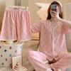 Short-Sleeved Pajamas Three-Piece Korean Version Of Sweet And Cute Cardigan Women'S Loungewear