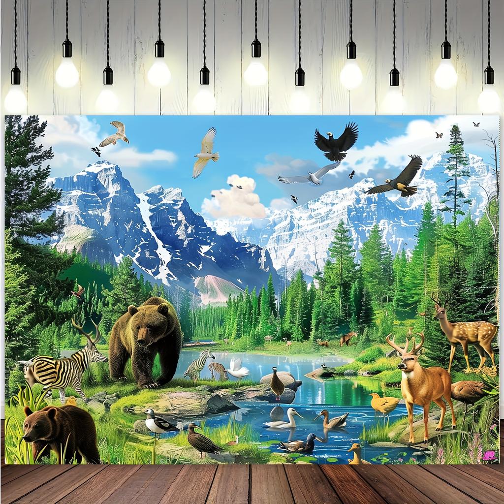 2D plane, 1 piece of a forest wildlife scene background, photographic booth props featuring animals and nature