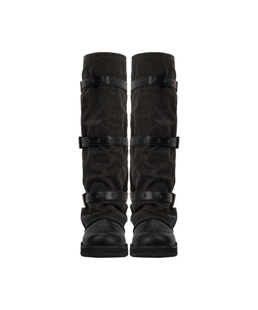 Treemingbird Bold Wrinkled Belted Long Boots [ Black ]