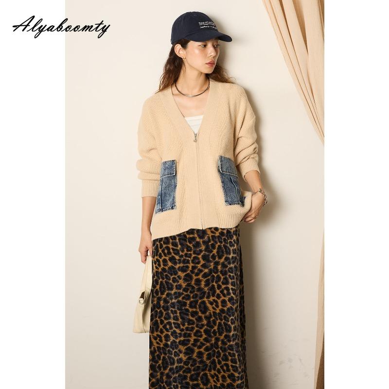 Корейская мода Осень Зима Женский кардиган V-образный вырез Черный Серый Абрикосовый Вязаный верхняя одежда Повседневный Свободный Дамский Джинсовый пэчворк Стильное пальто
