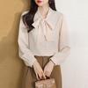 Женская рубашка со шнуровкой и бантом на воротнике, с длинным рукавом, повседневная рубашка, однотонная, свободная, шифоновая рубашка, топы, повседневная одежда