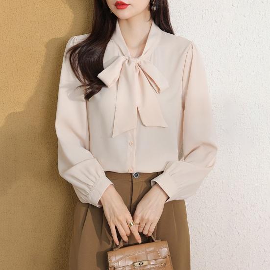 Женская рубашка со шнуровкой и бантом на воротнике, с длинным рукавом, повседневная рубашка, однотонная, свободная, шифоновая рубашка, топы, повседневная одежда