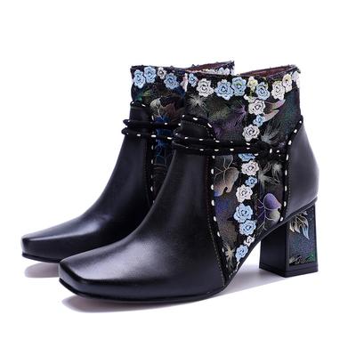 Ботильоны из натуральной кожи ручной работы в стиле ретро на шнуровке с квадратным носком и толстым каблуком, женские