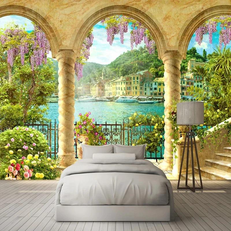 3d Pillar Arch Lake View Фотообои Фрески для зданий Гостиная Кабинет Креативный домашний декор Настенная роспись 3d Фрески