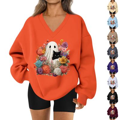 Женский спортивный свитшот с V-образным вырезом, приспущенным плечом и принтом на Хэллоуин