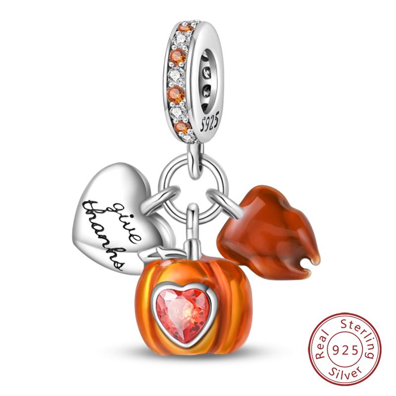 100% 925 Silver Autumn Harvest Series Brown Music Squirrel Scarecrow Pumpkin Maple Leaves Charms Beads DIY Jewelry Gift