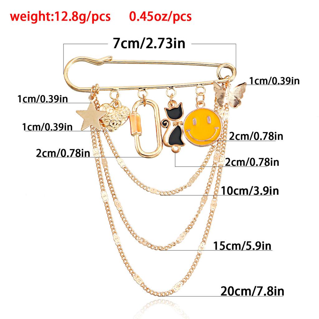 Multi-element yellow smiley face fringed pendant brooch accessories, punk temperament pendant