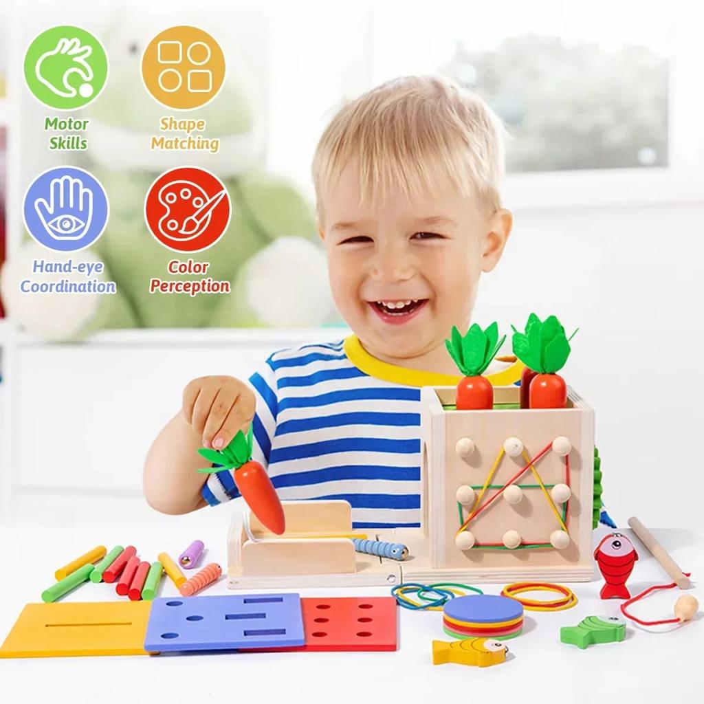 Non-Toxic Wooden Montessori Toys Play Kit Sorting Matching Toy Coin Ball Box Multi-Function Stick Pull Radish Game Baby Learning Kids Toy