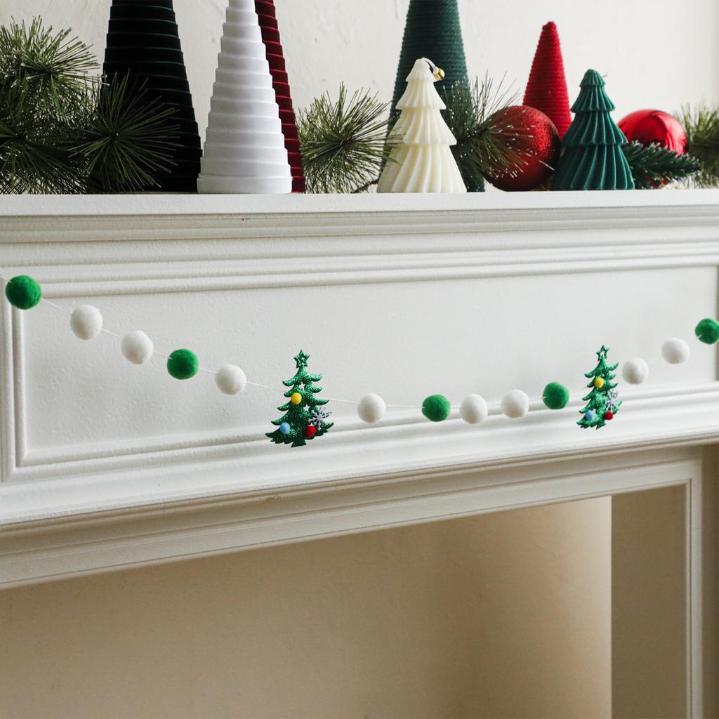 Christmas Tree Pom Pom Garland Green White Felt Ball String with Mini Tree Ornaments for Xmas Tree Fireplace Wall Hanging Decor