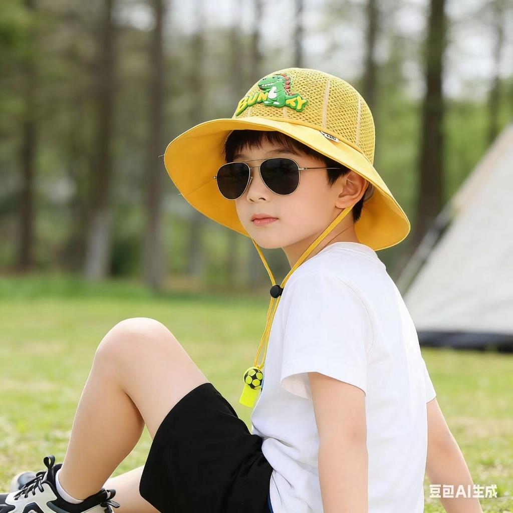 Summer new children's sun hat-year-old boy cartoon dinosaur whistle knitted bucket hat outdoor defense