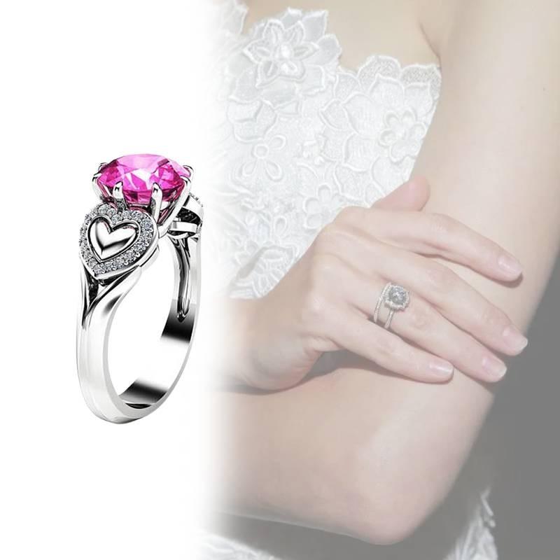 Fashionable Heart Shaped Pink Zircon Crystal Ring With Silver Plated Adjustable Band For Women