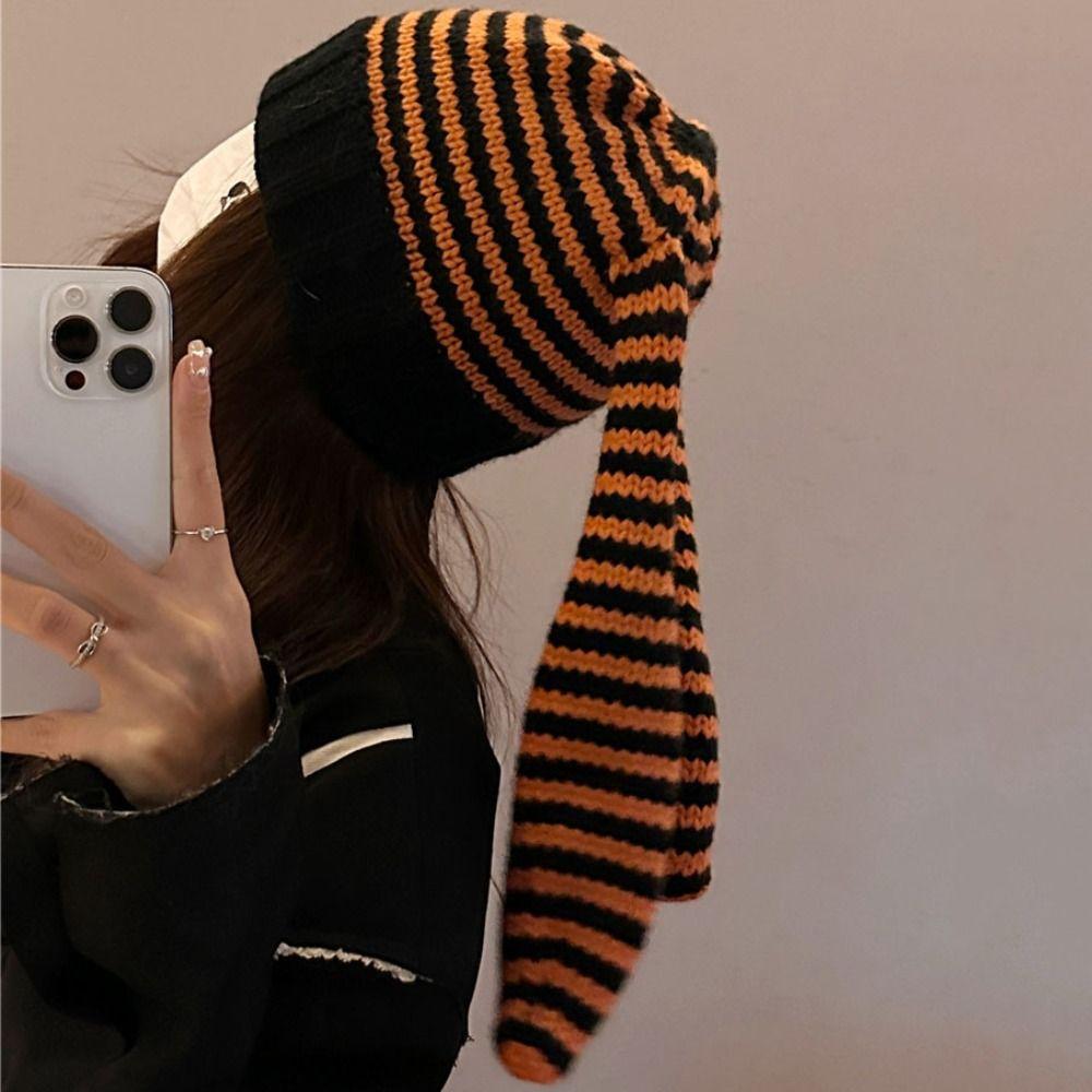 Harajuku Women Beanie Hat Y2K Stripe Skull Cap Casual Rabbit Ears Hat Outdoor