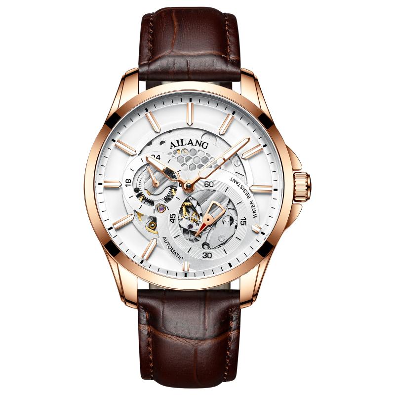 AILANG Men Automatic Mechanical Wristwatch Hollow Skeleton Dial Stainless Steel Band Business Sport Male Watch