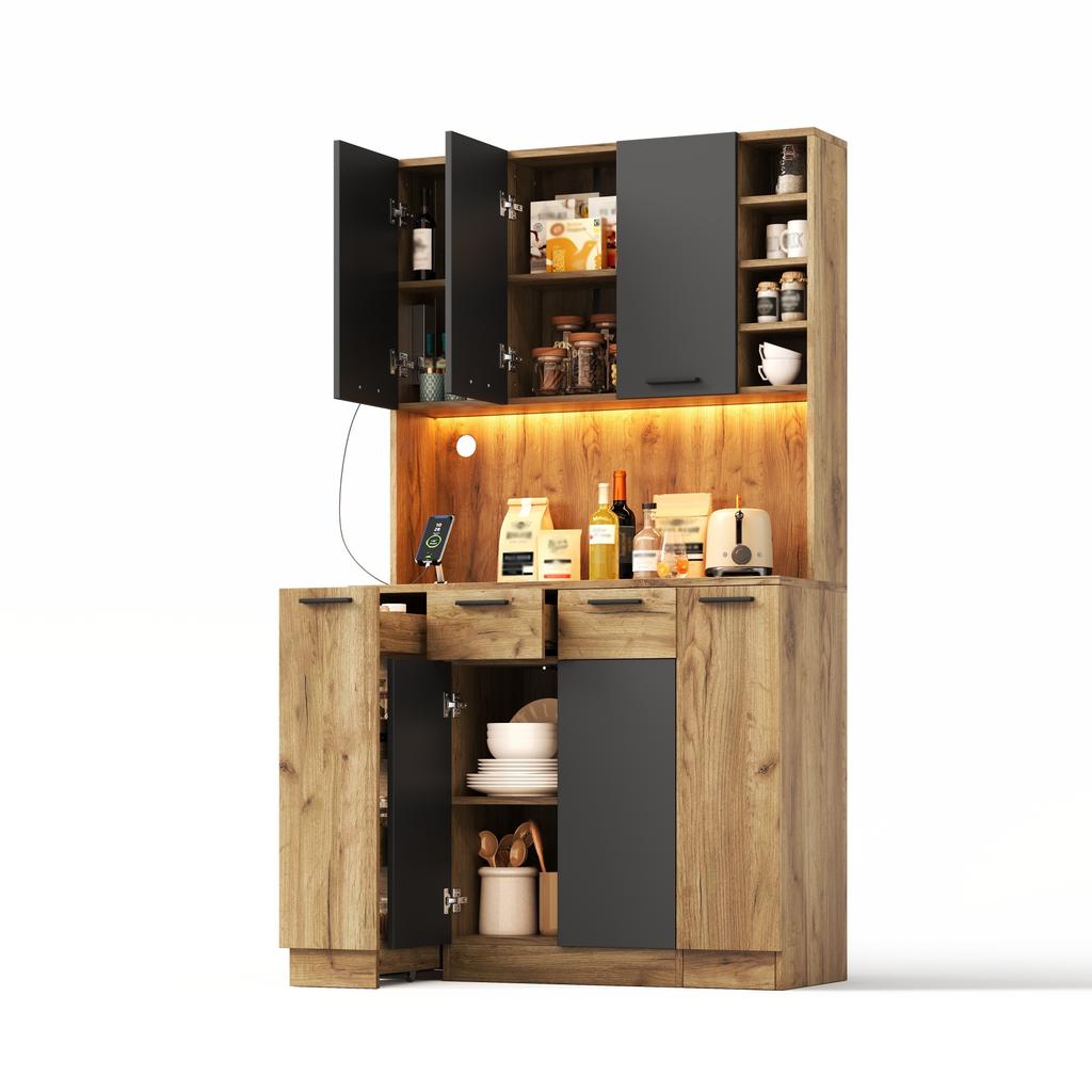Kitchen Cabinet with LED, Shelf with Socket and 4-Tier Pull-Out Spice Rack, Wine Rack and Display Cabinet for Kitchen & Dining Room, 180 × 100 × 40 cm