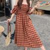 Французское Ретро Платье в Клетку Женское Летнее Чувство Дизайна для Полных Два Варианта Носки Платье с Открытыми Плечами