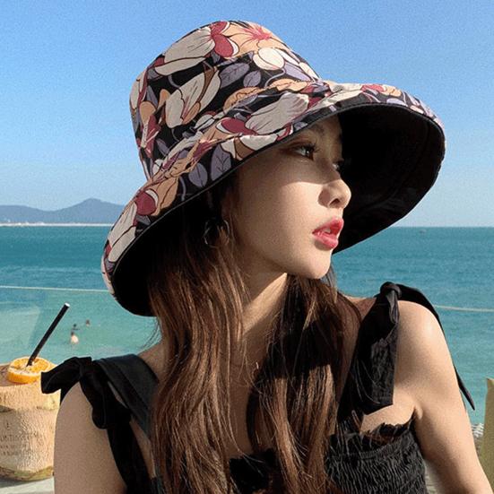 Bucket Hat Reversible Double-Sided Wearable Fisherman Hat with Large Brim Built-In Soft Steel Wire Adjustable Windproof Rope Sun Blocking Hat