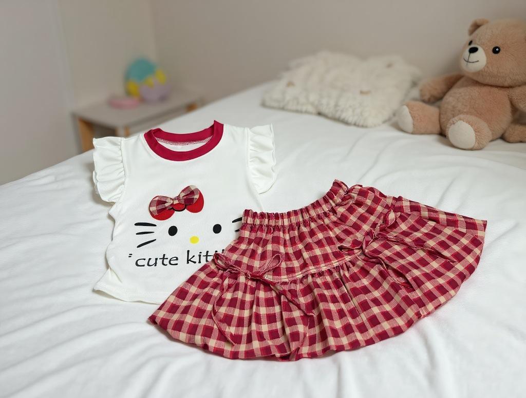 Cute Girls Summer 2 Piece Set Cartoon Plaid Shorts Striped Short Sleeve Top Baby Casual Outfit