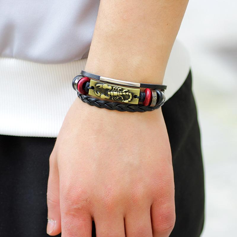 JMXD Браслет из плетеного вощеного шнура с подвеской в виде скорпиона из натуральной кожи, регулируемый, эластичный, панк-аксессуар, унисекс, подарок