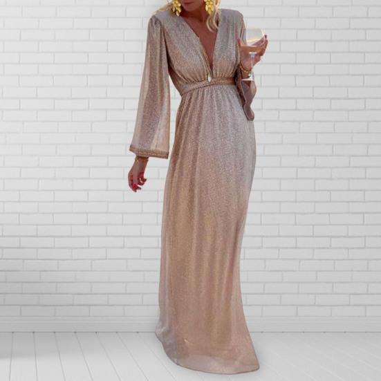 Платье вечернее в пол с глубоким V-образным вырезом, длинными рукавами, облегающее талию, с высокой талией, расшитое блестящими пайетками