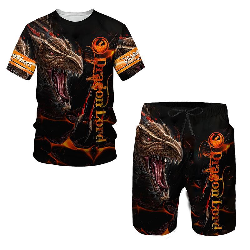 Мужские комплекты футболок с 3D принтом дракона, летние повседневные футболки с круглым вырезом, шорты, комплект из двух предметов, трендовая мужская одежда, пуловер