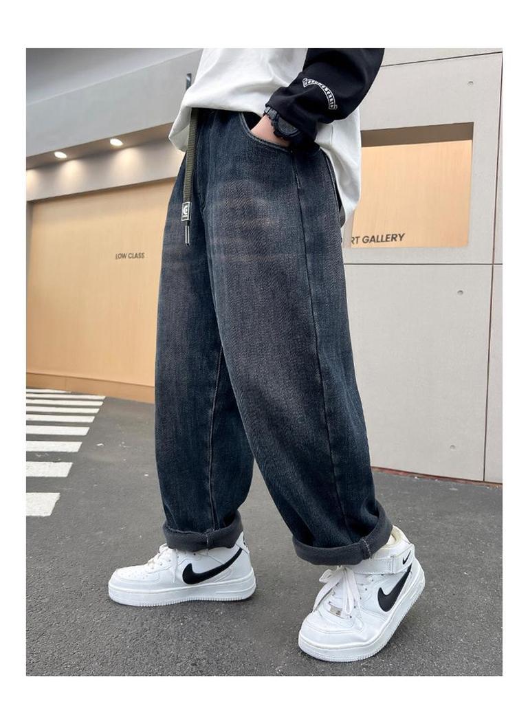 Детские зимние джинсы с толстой флисовой подкладкой - Теплые хлопковые брюки для детей среднего и старшего возраста (Коллекция 2025 г.)