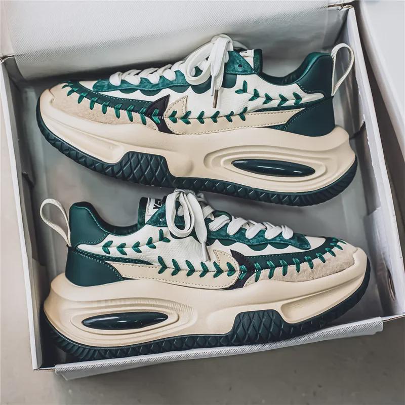 Повседневная мужская спортивная обувь TikTok — толстая подошва, кожаные кроссовки Dad, увеличивающие рост, студенческая обувь с низким верхом