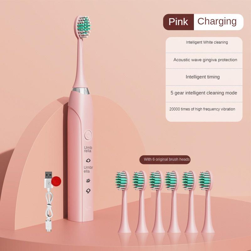 Ультразвуковая электрическая зубная щетка с 6 сменными головками, 5-ступенчатая вибрационная водонепроницаемая отбеливающая зубная щетка для взрослых