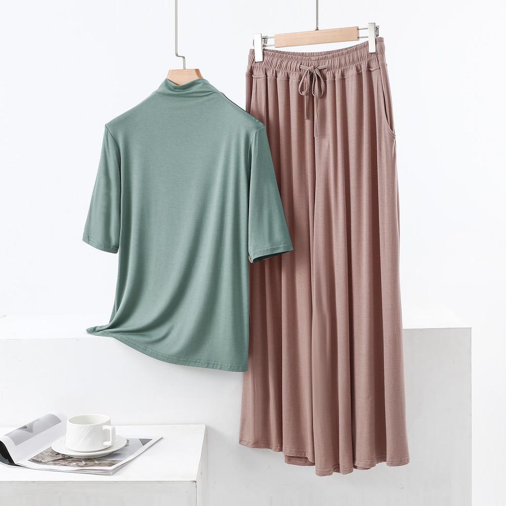 Модальная футболка с полувысоким воротником и рукавом пять четвертей и широкие брюки с карманами, повседневный двухпредметный комплект большого размера для женщин