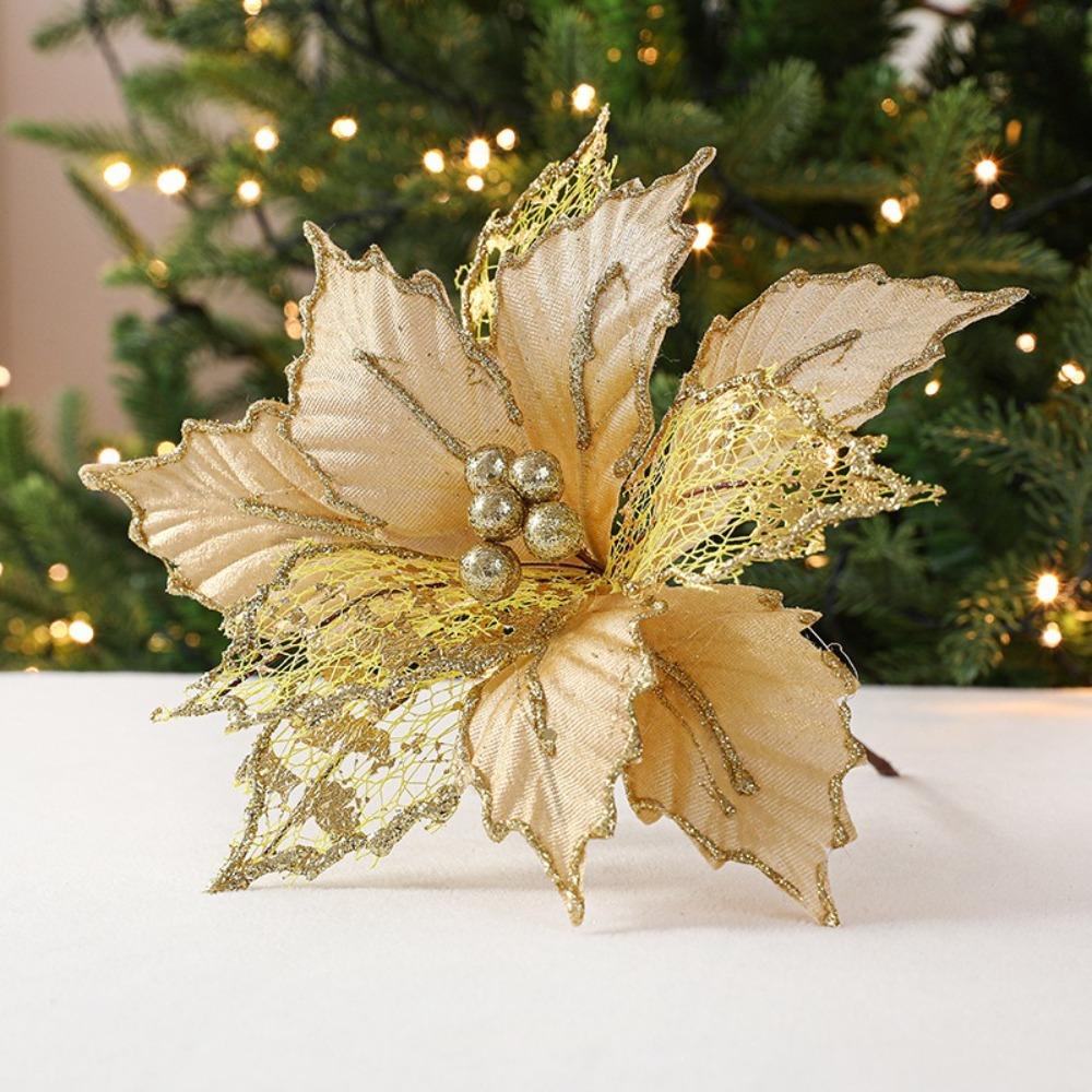 New 24cm Poinsettia Glitter Flower Large Fake Flowers Christmas Flowers DIY Wedding Decor Xmas Tree Decorations