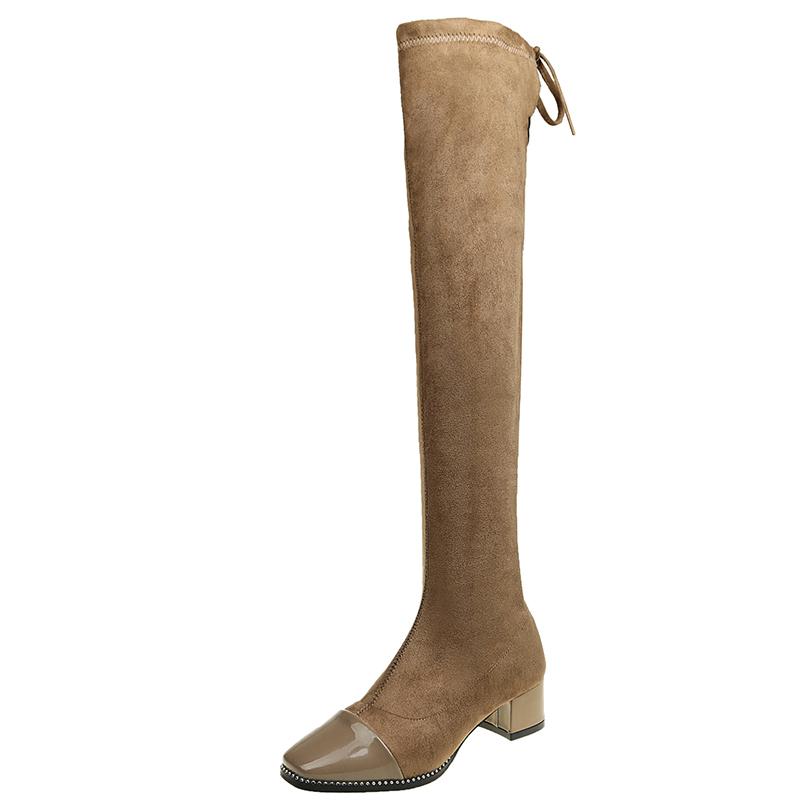 Замшевые сапоги выше колена, женские зимние ботинки, модная сексуальная женская обувь с ремешком, черные женские ботинки, женская обувь на остром квадратном каблуке