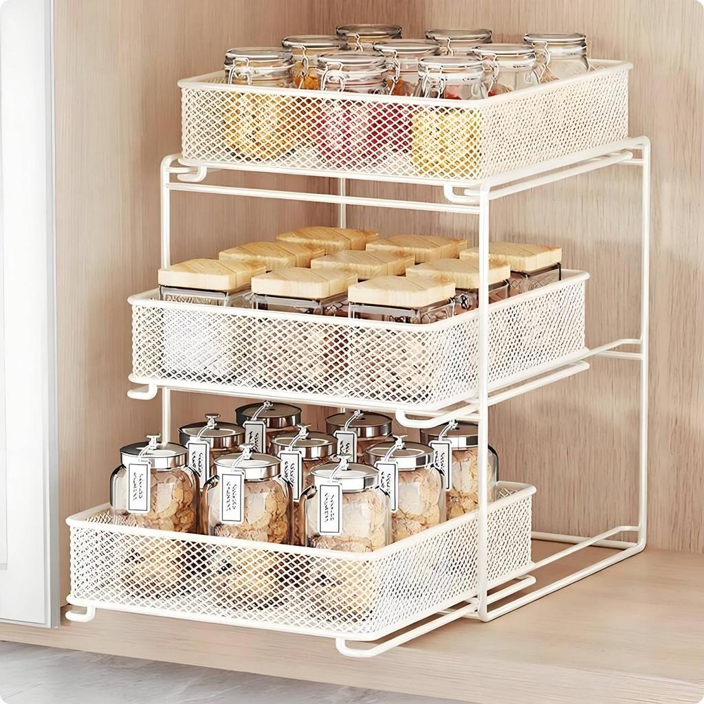 Pull out Organizer Shelf Space Saving Pull out Drawer Organizer Sliding Storage Drawer Sturdy Metal 3 Tier Slide Basket