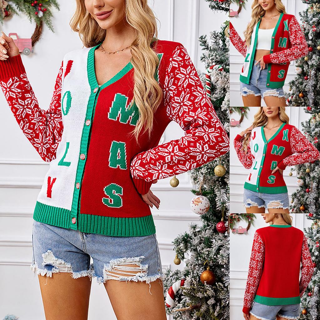 Women's Fashion Red Santa Claus Long Sleeve V-Neck Sweater Cardigan