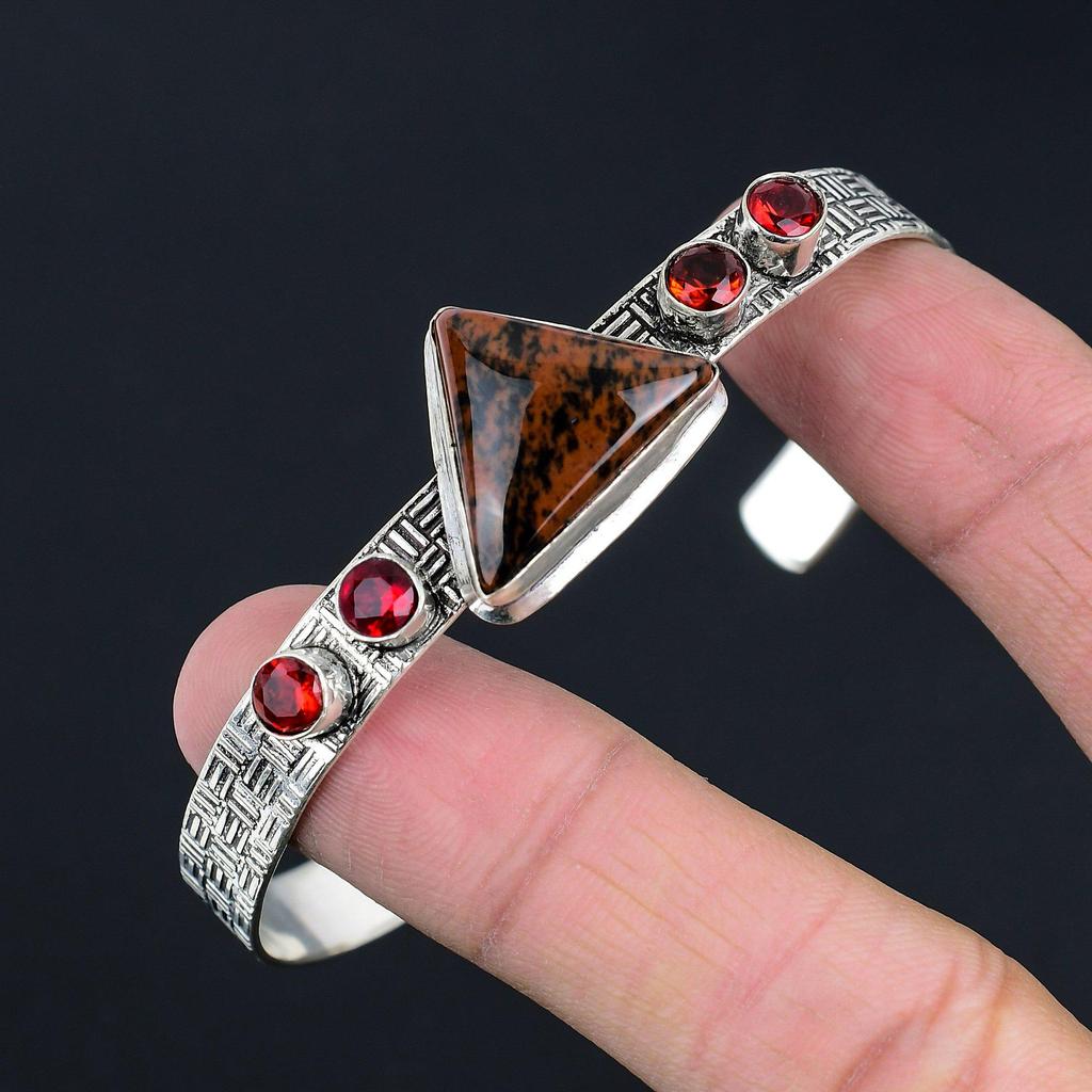 Trillion Mahogany Obsidian Stone Garnet 925 Silver Birthday Wife Bangle Jewelry
