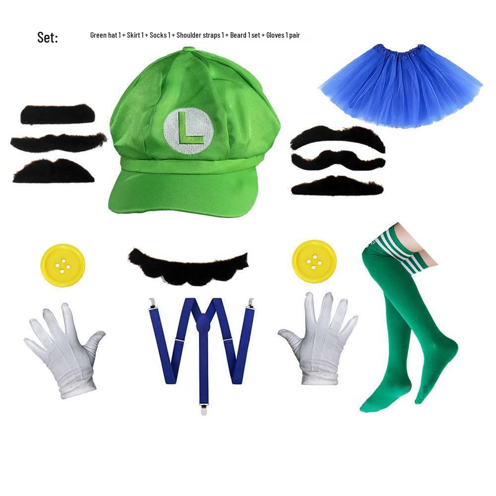 Octagonal Hat Cosplay Set: Parent-Child Style with Hat, Gloves, Beard & Suspenders for Adults & Kids