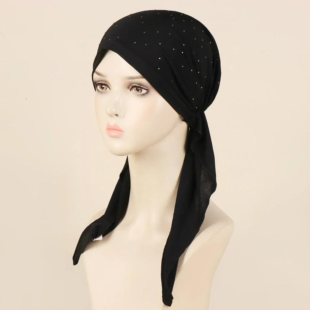 New Shimmer Pre-Tied Hat Women Muslim Hijab Turban Long Tail Headscarf Beanies Bonnet Hair Loss Chemo Cap Head Wrap Bandanas
