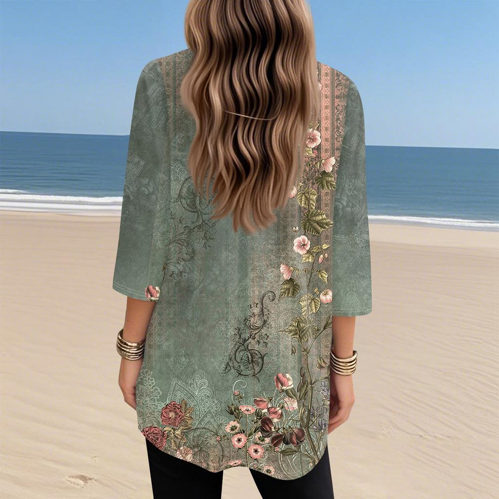 Womens Tops V-neck 3/4 Sleeve Blouses Casual Mid-length Shirts Fashion Print Tunic Tops With Pockets