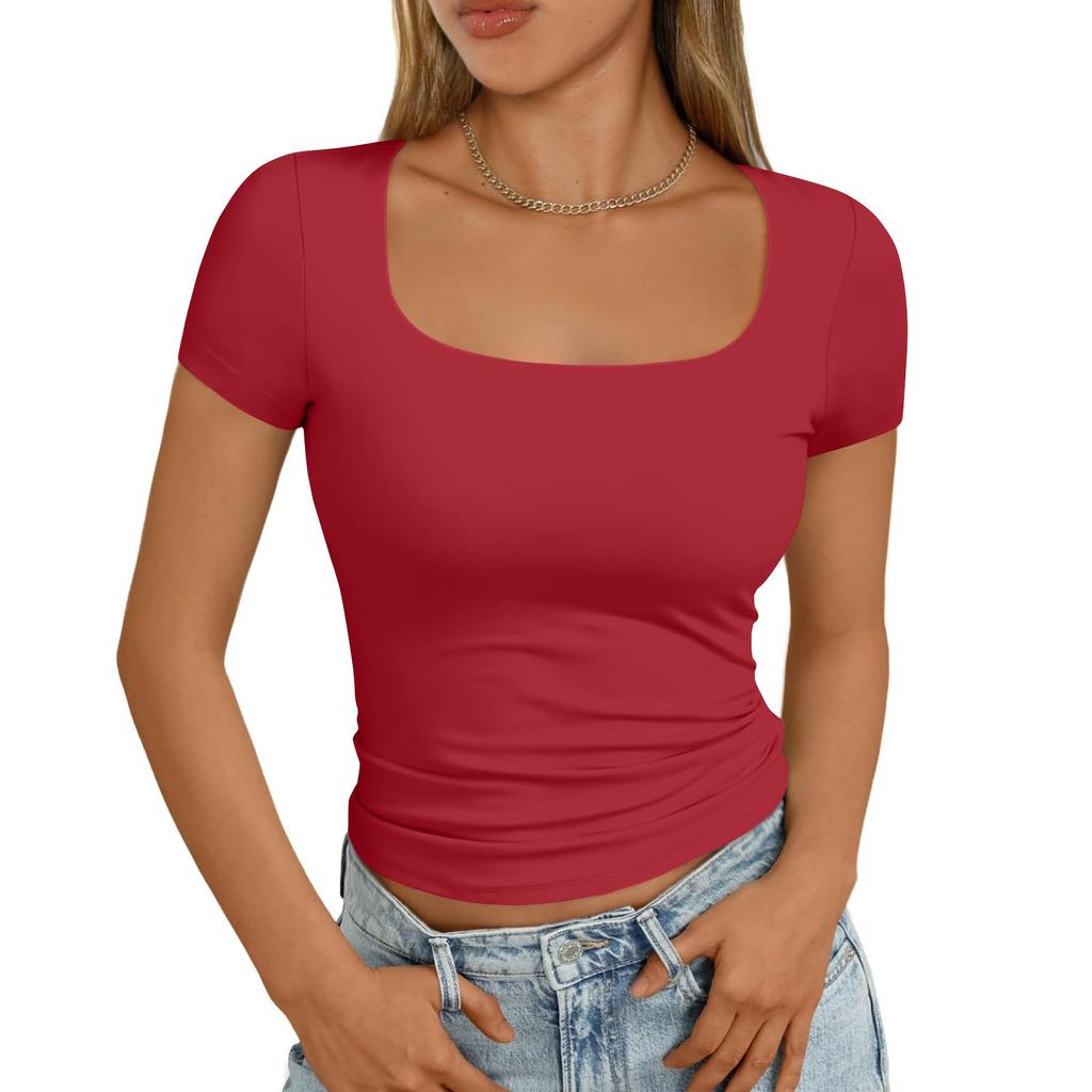 Женская мода повседневная узкая рубашка с коротким рукавом и квадратным вырезом, верхняя одежда, топы