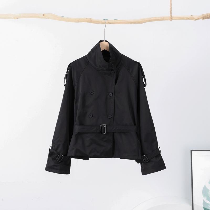 Короткий тренч на шнуровке со стойкой воротником, женский, с длинным рукавом, двубортный, тонкий приталенный жакет, ветровка для通勤, осенняя верхняя одежда 2025